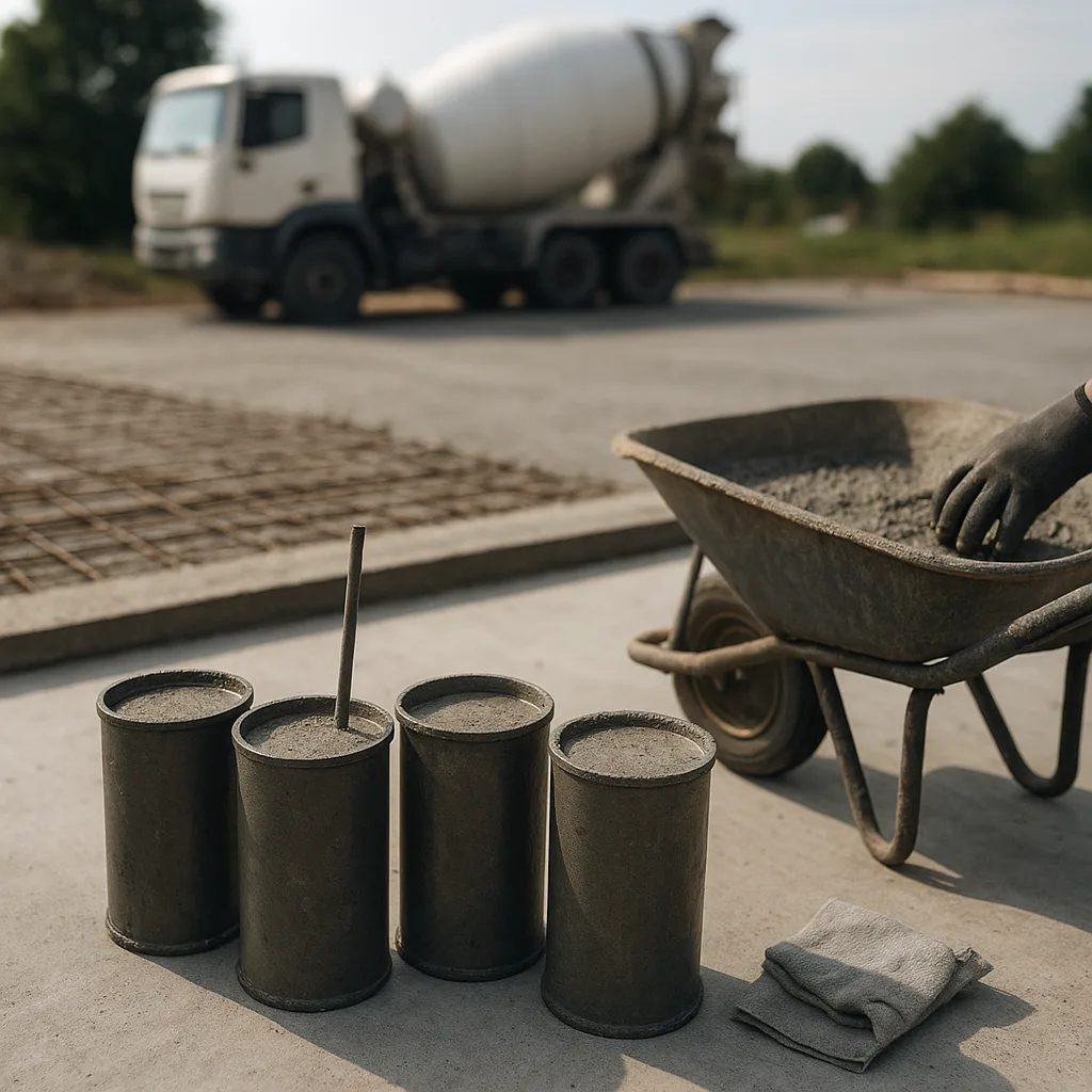 Moldes cilíndricos de aço enfileirados no chão, com concreto fresco, e um caminhão betoneira ao fundo